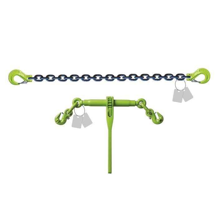 Grade 100 – Ratel ladingsspanner met inkorthaken + ketting aan beide kanten klephaak – 10 mm – LC 80 kN – volgens EN 12195–3